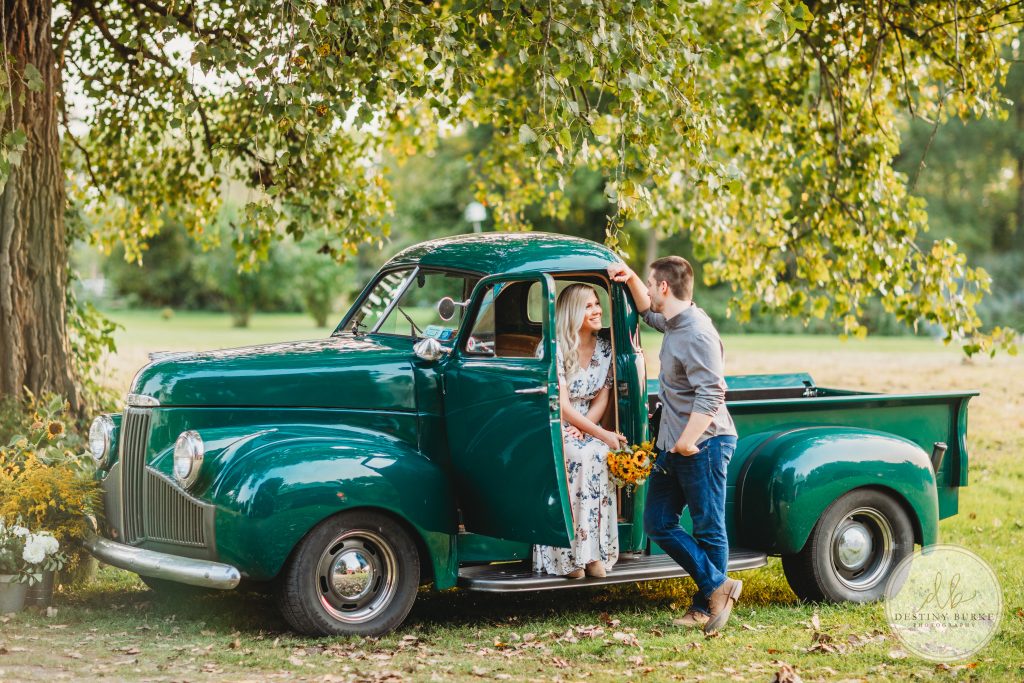 studabaker truck, couples engagement photography photo session in Avon, NY, florals by Sungrove Blossoms Events and Gifts