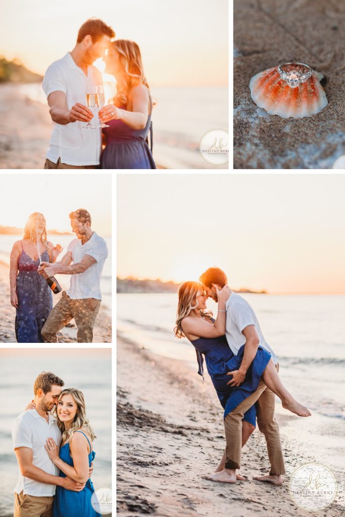 Engagement Session with Couple at Durand Eastman Beach in Irondequoit, NY near Rochester at sunset with champagne toast, engagement ring