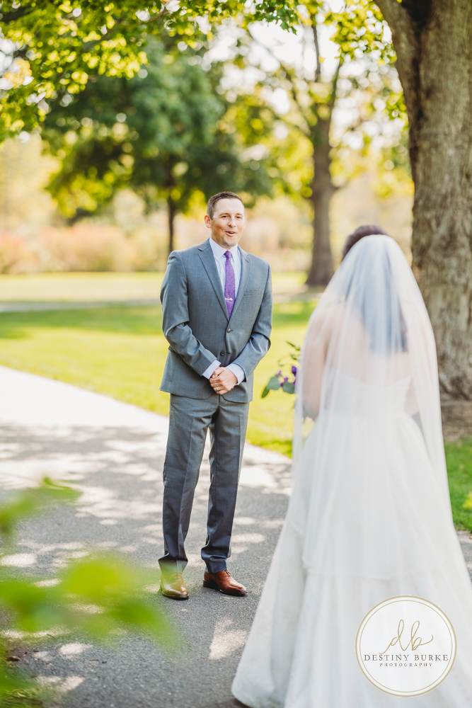 Couple's wedding day portraits from the best wedding photographer near Rochester, Brockport, NY Golf Course Venue Deerfield Country Club, purple themed marriage.