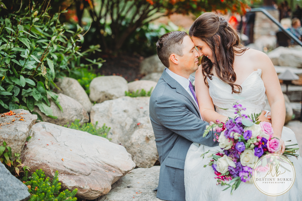 Couple's wedding day portraits from the best wedding photographer near Rochester, Brockport, NY Golf Course Venue Deerfield Country Club, purple themed marriage.