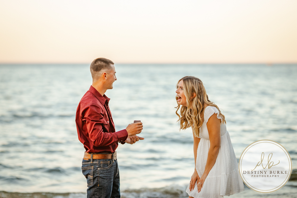 Surprise beach proposal at Durand Eastman Beach near Rochester, NY, captured by the best surprise proposal photographer near Rochester, NY during golden hour along Lake Ontario.