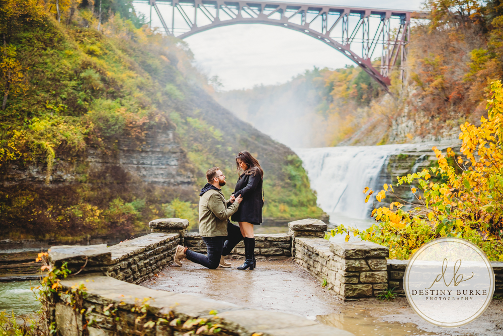 best surprise proposal photographer locations in Upstate, NY near Rochester, fall foliage, epic spots, photoshoot, Letchworth State Park, Castile, NY, engagement ring, waterfalls,