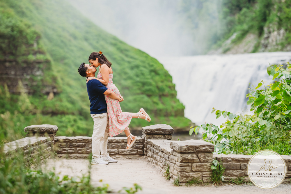Couple embracing after engagement during sunrise session at Letchworth State Park