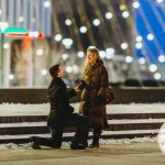 Romantic surprise proposal in Rochester, NY with refined winter city lights, capturing a once-in-a-lifetime moment for a couple beginning their forever together.