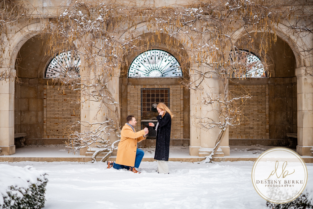 Emotional reaction during surprise proposal at George Eastman Museum in Rochester NY