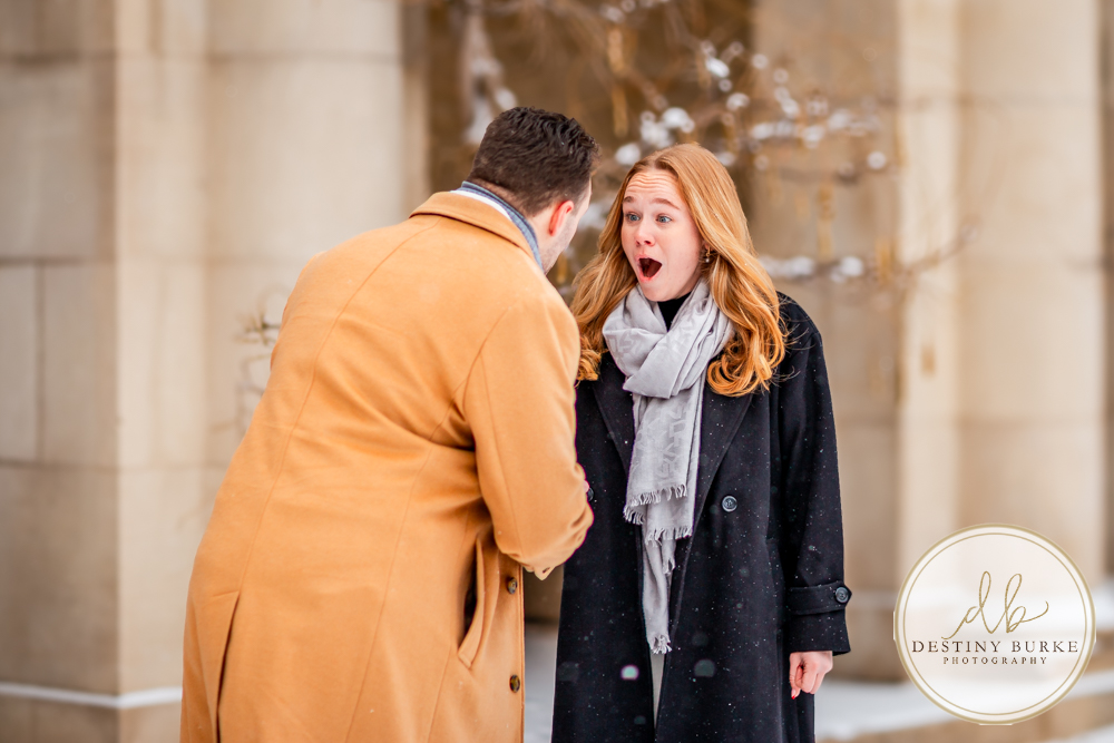Emotional reaction during surprise proposal at George Eastman Museum in Rochester NY