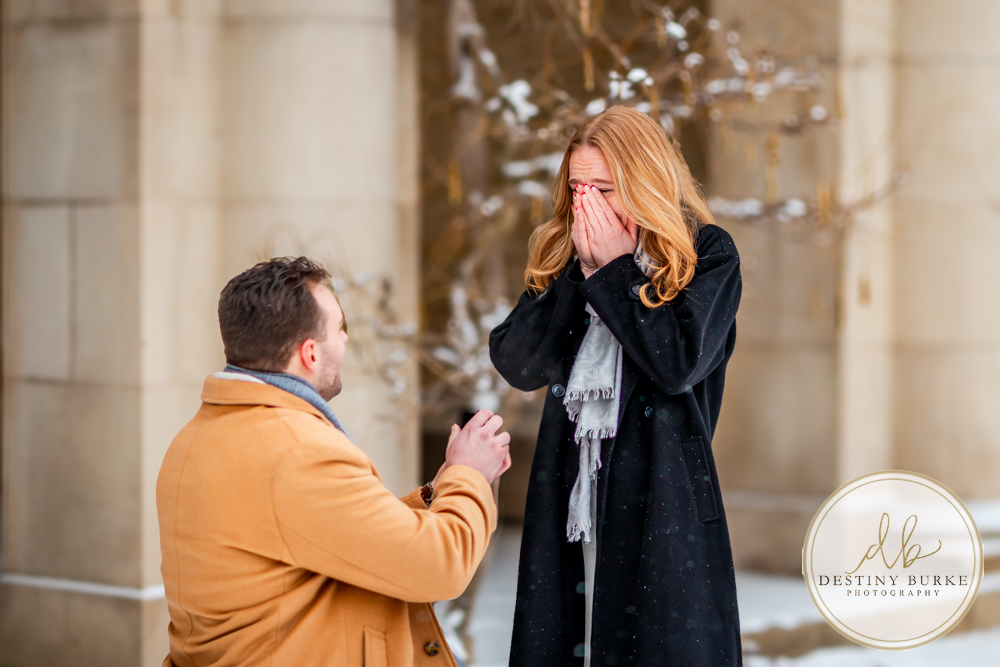 Emotional reaction during surprise proposal at George Eastman Museum in Rochester NY