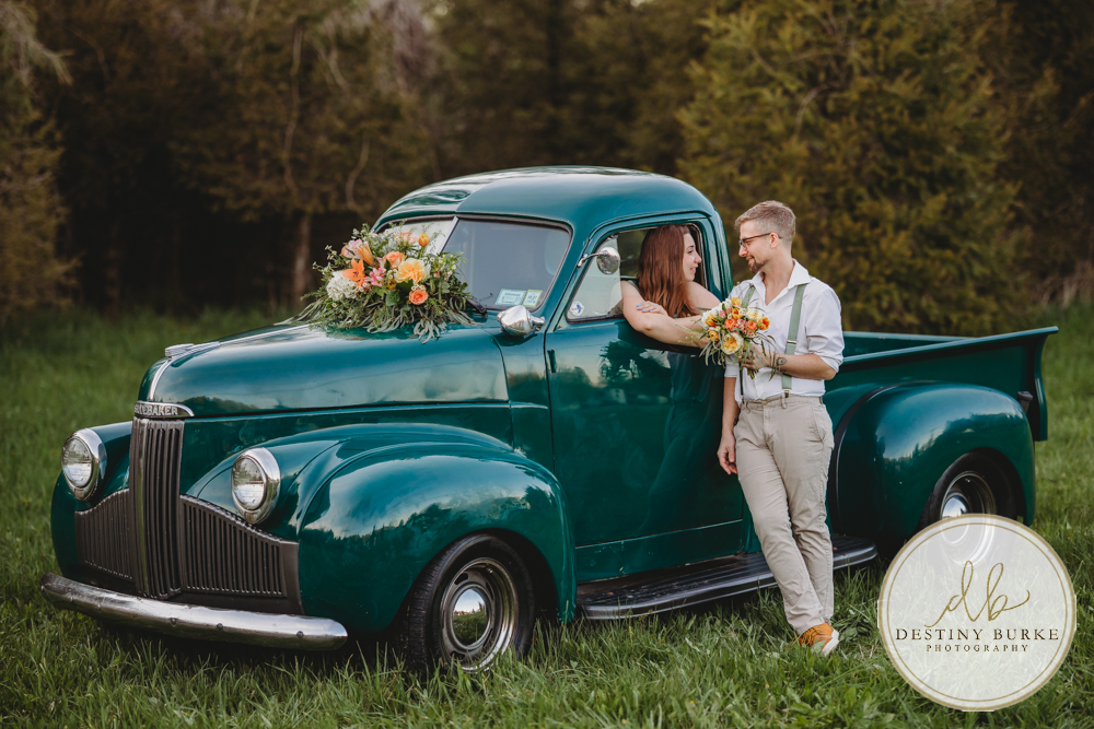 best couple engagement photographer near rochester ny leroy tree farm studabaker truck, bellisimo florist