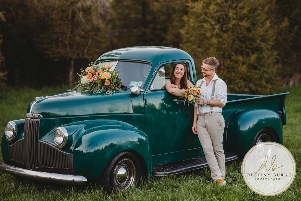best couple engagement photographer near rochester ny leroy tree farm studabaker truck, bellisimo florist