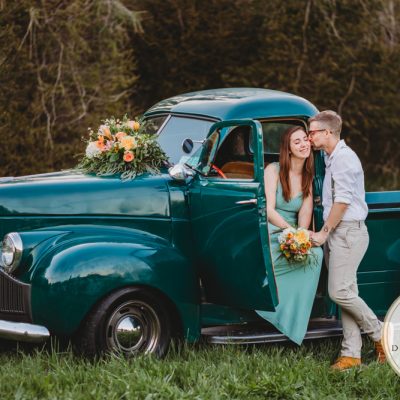best couple engagement photographer near rochester ny leroy tree farm studabaker truck, bellisimo florist