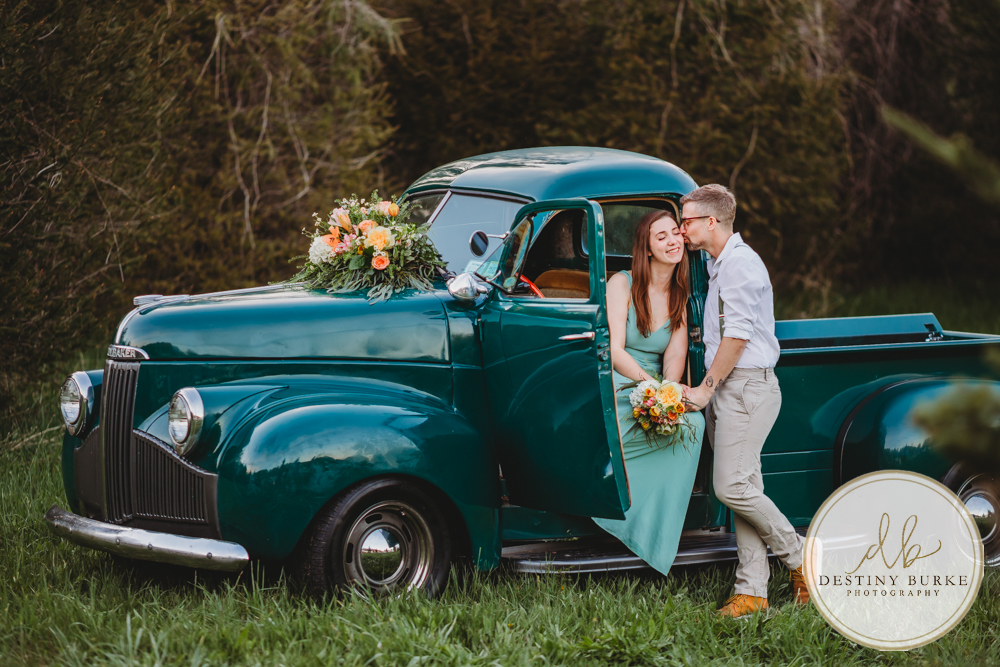 best couple engagement photographer near rochester ny leroy tree farm studabaker truck, bellisimo florist
