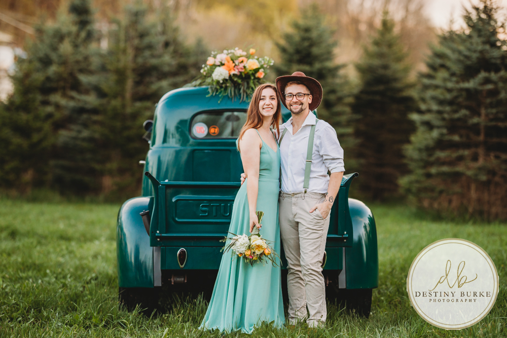best couple engagement photographer near rochester ny leroy tree farm studabaker truck, bellisimo florist