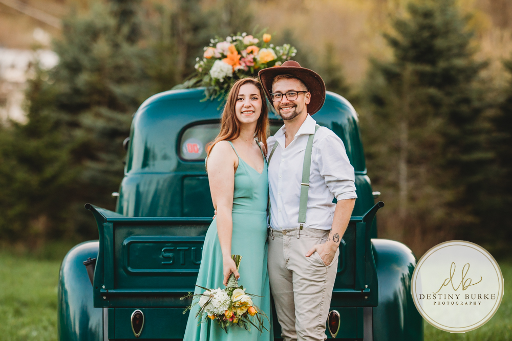 best couple engagement photographer near rochester ny leroy tree farm studabaker truck, bellisimo florist
