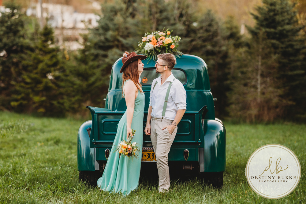best couple engagement photographer near rochester ny leroy tree farm studabaker truck, bellisimo florist