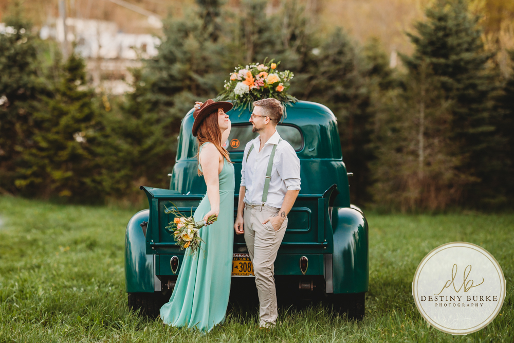 best couple engagement photographer near rochester ny leroy tree farm studabaker truck, bellisimo florist