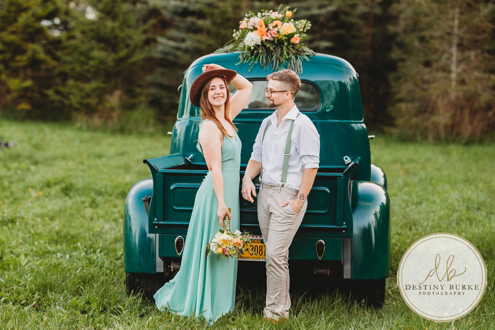 best couple engagement photographer near rochester ny leroy tree farm studabaker truck, bellisimo florist