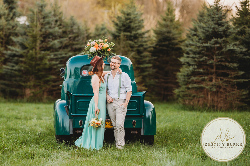 best couple engagement photographer near rochester ny leroy tree farm studabaker truck, bellisimo florist