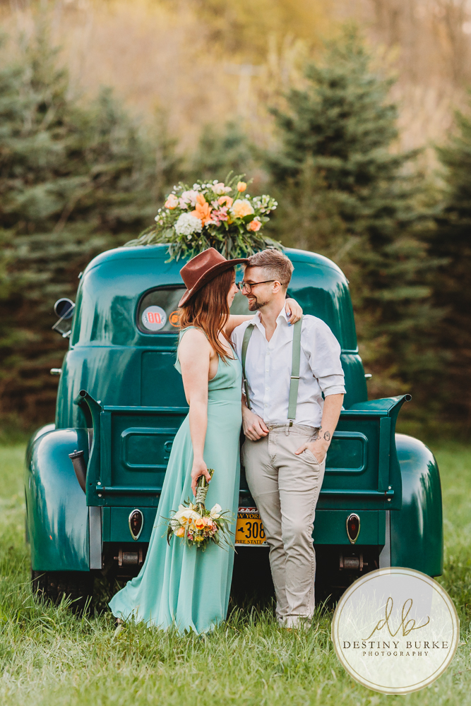 best couple engagement photographer near rochester ny leroy tree farm studabaker truck, bellisimo florist