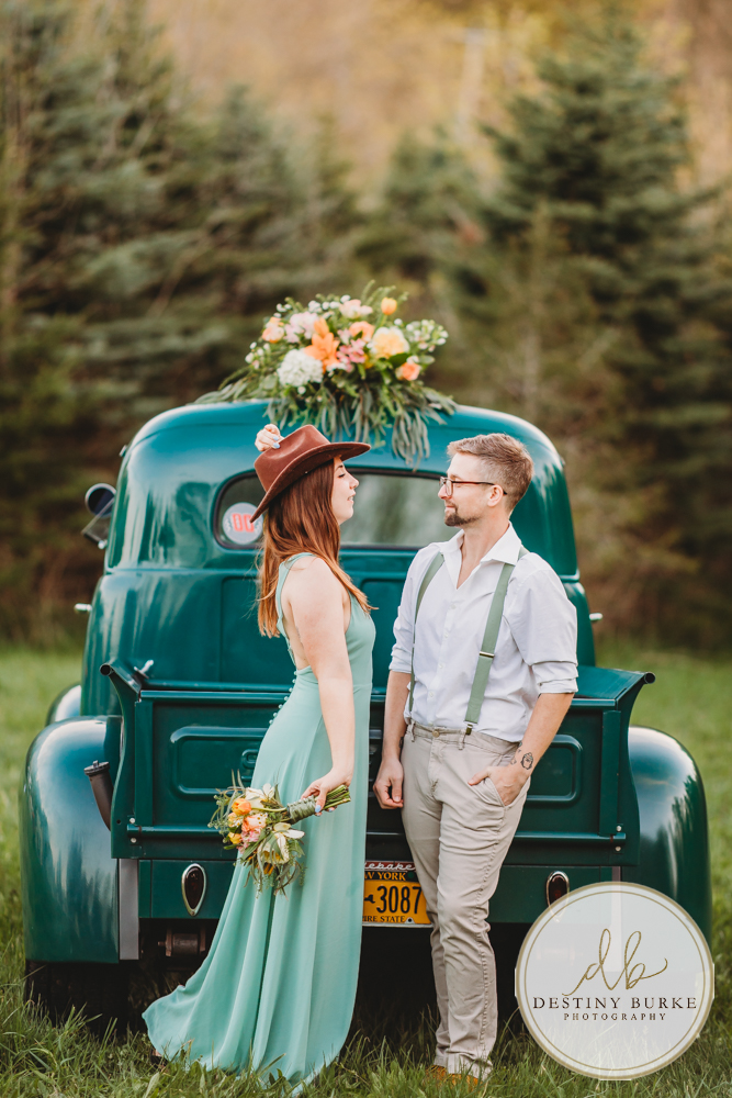 best couple engagement photographer near rochester ny leroy tree farm studabaker truck, bellisimo florist