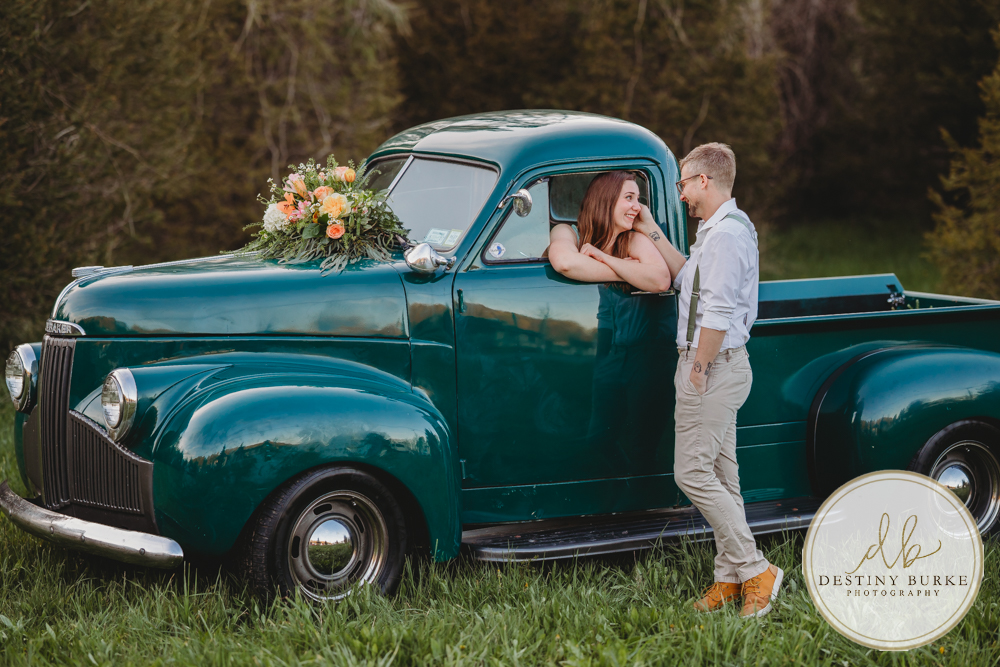 best couple engagement photographer near rochester ny leroy tree farm studabaker truck, bellisimo florist