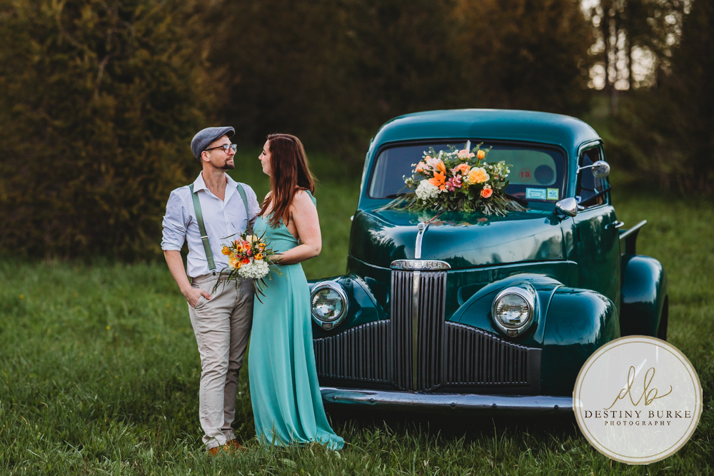 best couple engagement photographer near rochester ny leroy tree farm studabaker truck, bellisimo florist
