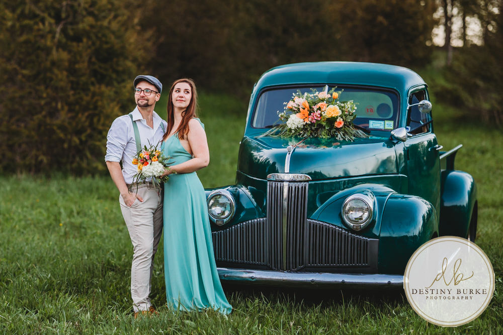 best couple engagement photographer near rochester ny leroy tree farm studabaker truck, bellisimo florist