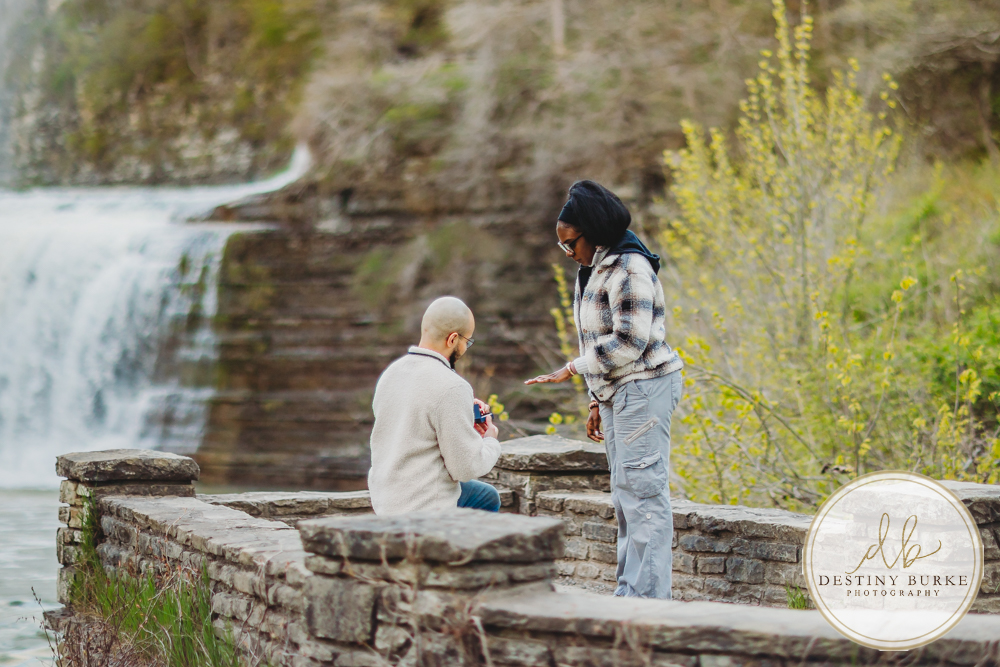 Upstate New York proposal photographer capturing surprise engagement at Letchworth State Park