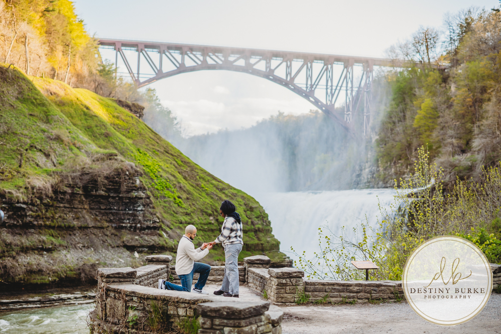 Upstate New York proposal photographer capturing surprise engagement at Letchworth State Park