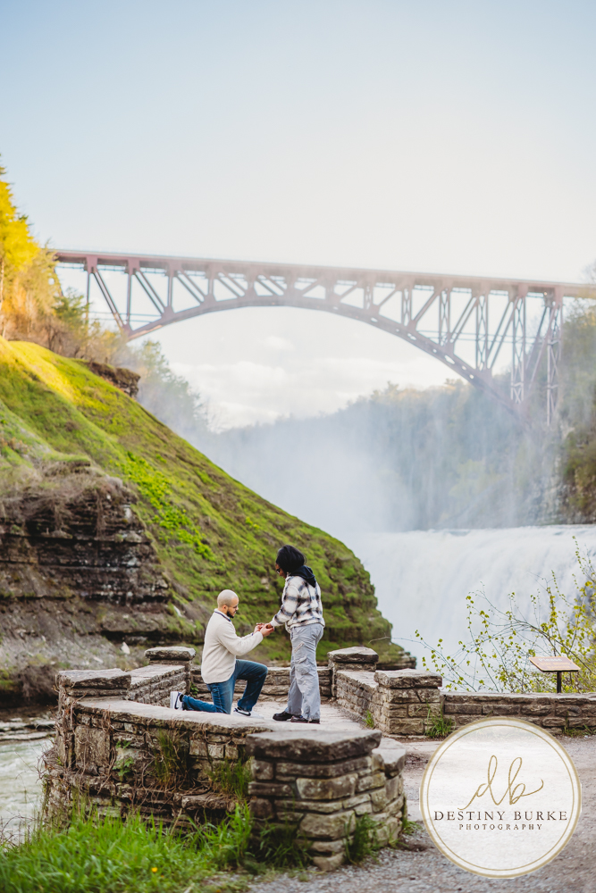 Upstate New York proposal photographer capturing surprise engagement at Letchworth State Park