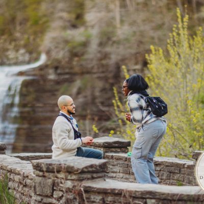 Upstate New York proposal photographer capturing surprise engagement at Letchworth State Park