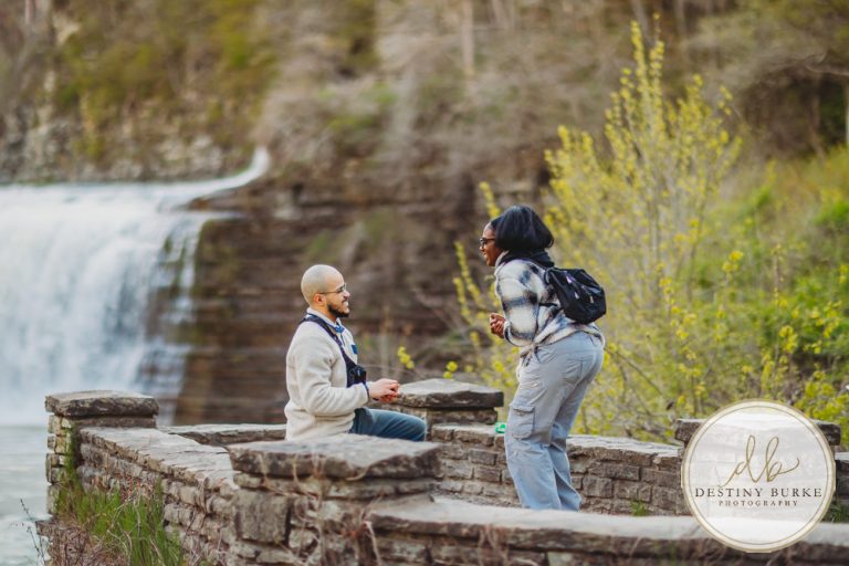 Upstate New York proposal photographer capturing surprise engagement at Letchworth State Park
